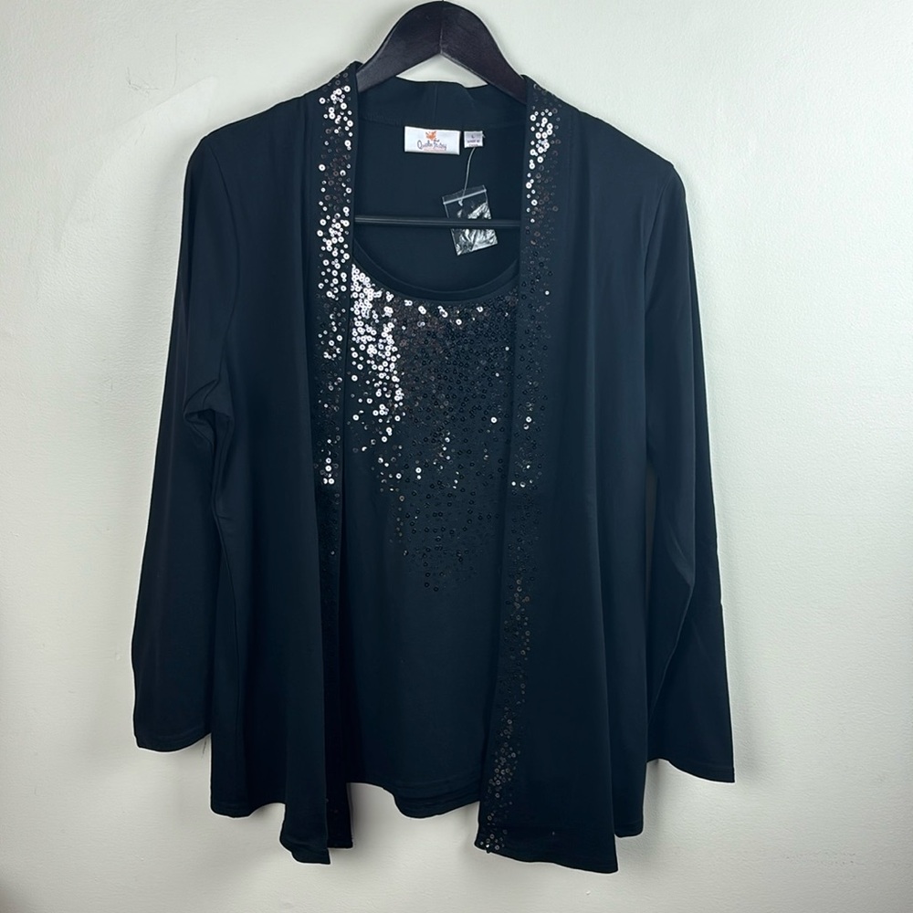 NWT Quacker Factory Long Sleeve Duet Sparkling Sequin Black Large A226625